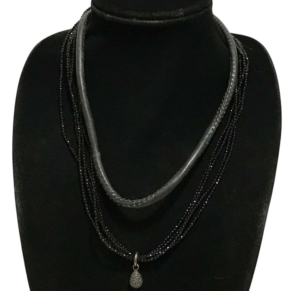 STORY by Kranz & Ziegler Multi-Strand Black Bead Heart Charm Leather Necklace